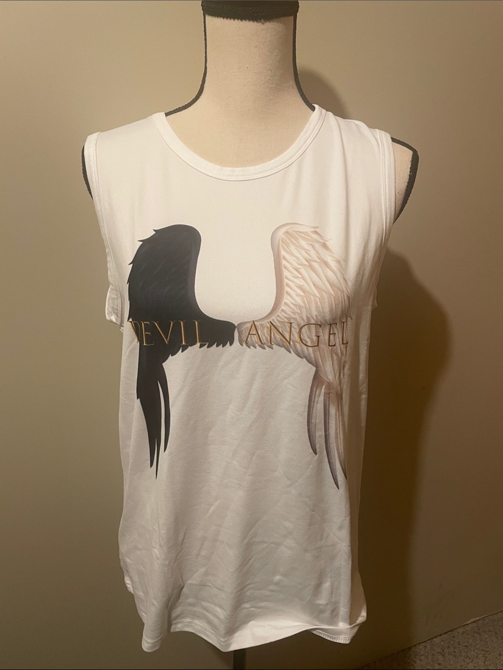 White Graphic Tank with Black & Cream Angel Wings